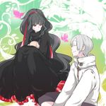  1girl azami_(kagerou_project) black_hair chiyozaka closed_eyes gorgon highres husband_and_wife kagerou_project long_hair red_eyes ribbon scales short_hair silver_hair slit_pupils smile tsukihiko_(kagerou_project) very_long_hair 