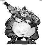  anthro aokmaidu barefoot belly belly_overhang big_belly chubby_cheeks claws clothed clothing double_chin dressing fur greyscale hyena hyper hyper_belly love_handles male mammal monochrome moobs morbidly_obese navel obese obese_male overweight overweight_male simple_background smile solo spots spotted_fur teeth thick_thighs toe_claws torn_clothing wardrobe_malfunction white_background wide_hips 