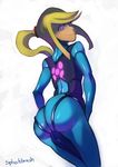  artist_name ass blue_eyes bodysuit from_behind highres long_hair metroid ponytail samus_aran smile solo splashbrush zero_suit 