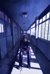  ayanokoji_yukito blue chain chair full_body gakkou_de_atta_kowai_hanashi hallway highres male_focus mask mati restrained school_uniform shoes sitting solo uwabaki 