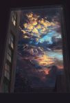  cloud cloudy_sky highres huanxiang_huifeng multicolored multicolored_sky no_humans open_window original rain scenery sky sunset tree window 