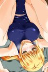  blonde_hair blue_eyes blush breasts folded heavy_breathing highres knees_on_chest large_breasts long_hair lying nishi_koutarou on_back one-piece_swimsuit original school_swimsuit school_swimsuit_flap smile solo sweatdrop swimsuit upside-down 