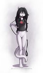  anthro bethany black_hair blue_eyes blush bottomless cat clothing collar feline female fur hair jay_naylor leash long_hair long_tail mammal open_mouth plain_background pussy shirt solo white_fur 