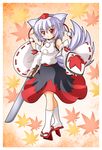  animal_ears autumn_leaves bare_shoulders breasts detached_sleeves hat inubashiri_momiji leaf looking_at_viewer medium_breasts pom_pom_(clothes) red_eyes shield shinjitsu shirt short_hair silver_hair skirt sword tail tokin_hat touhou weapon white_shirt wolf_ears wolf_tail 