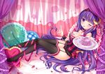  :p alternate_costume black_legwear black_panties blush breasts choker crescent crescent_hair_ornament food garter_straps grandia_bing hair_ornament hairband large_breasts long_hair looking_at_viewer one_eye_closed panties patchouli_knowledge petals plate purple_eyes purple_hair ribbon solo spoon thighhighs tongue tongue_out touhou underwear 