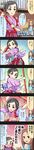  4koma black_hair blue_eyes brown_hair character_name cinderella_girls_gekijou colorized comic hair_ornament hairclip hakama highres idolmaster idolmaster_cinderella_girls japanese_clothes long_hair long_image matsuo_chizuru matsuyama_kumiko multiple_girls official_art ponytail purple_eyes short_hair tall_image tasuki translated 