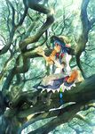  animal bad_id bad_pixiv_id bird black_footwear black_hat blue_hair boots bread creature dappled_sunlight dress eating feeding food forest fruit full_body hat hinanawi_tenshi in_tree layered_dress looking_away monster nature nunucco peach plant red_eyes salad sandwich short_hair short_sleeves sidelocks sitting sitting_in_tree sunlight touhou tree 