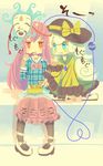  blue_eyes bubble_skirt chopsticks chopsticks_in_mouth culotte_(hosenrock) eating expressionless green_hair hat hat_ribbon hata_no_kokoro heart heart_of_string highres komeiji_koishi long_hair long_sleeves mask multiple_girls pink_eyes pink_hair plaid plaid_shirt ribbon shirt short_hair skirt third_eye touhou 