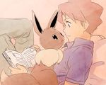  book brown_background brown_eyes brown_hair collared_shirt eevee gen_1_pokemon holding lying pants pokemon pokemon_(creature) pokemon_(game) pokipoki reading shirt short_hair simple_background sonezaki_masaki spiked_hair 