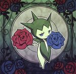  blue_flower blue_rose eyelashes flower frame gen_3_pokemon looking_at_viewer no_humans plant pokemon pokemon_(creature) red_flower red_rose rose roselia smile sparkle spikes thorns vines yukika 