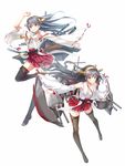  arm_up bare_shoulders black_hair blush brown_eyes detached_sleeves dual_persona frilled_skirt frills hairband haruna_(kantai_collection) japanese_clothes kantai_collection long_hair looking_at_viewer multiple_views ribbon-trimmed_sleeves ribbon_trim skirt smile thighhighs zi_se 