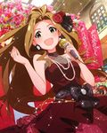  :d bracelet brown_hair earrings flower green_eyes hair_flower hair_ornament idolmaster idolmaster_million_live! jewelry kouno_megumi long_hair microphone nikaidou_chizuru official_art open_mouth ponytail smile v-shaped_eyebrows 