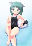  absurdres animal_ears competition_school_swimsuit dog dog_ears green_eyes green_hair highres one-piece_swimsuit original school_swimsuit short_hair swimsuit tennouji_masamichi v 