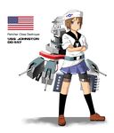  america american_flag bike_shorts blue_eyes brown_hair character_name crossed_arms dixie_cup_hat hat highres kantai_collection kneehighs loafers military_hat original school_uniform serafuku shoes short_hair skirt smile solo turret u-tan_(timerush90) us_navy uss_johnston_(dd-557) world_war_ii 