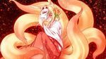  animal_ears blonde_hair blush flower fox_ears fox_mask fox_tail hair_flower hair_ornament hakama haori highres himeka_chine japanese_clothes mask miko minaha_(playjoe2005) multiple_tails original red_eyes red_hakama solo tail wallpaper 