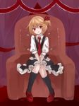  :d armchair between_legs blonde_hair blouse chair frilled_skirt frills hair_ribbon hand_between_legs open_mouth puffy_short_sleeves puffy_sleeves red_eyes ribbon rumia short_sleeves skirt smile touhou vest yabu_q 