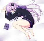  adult_neptune bare_legs barefoot blush book breasts hair_ornament hood hoodie legs long_hair looking_at_viewer lying medium_breasts minagi neptune_(series) on_side purple_eyes purple_hair shin_jigen_game_neptune_vii solo thighs 