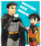  2boys bat_(symbol) batman batman_(series) belt blue_eyes bodysuit bruce_wayne cape character_name cookie cup dc_comics eating father father_and_son food gloves imo_(ume_syrop) male male_focus multiple_boys pixiv_manga_sample robin_(dc) son tea_cup teacup tim_drake 