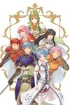  4girls :d armor astrid_(fire_emblem) belt black_hair blue_eyes blue_hair boots breasts brown_eyes cape circlet elbow_gloves elbow_pads elincia_ridell_crimea fingerless_gloves fire_emblem fire_emblem:_akatsuki_no_megami geoffrey_(fire_emblem) gloves green_hair hair_over_one_eye hand_on_own_head headband ichikeita kieran long_hair lucia_(fire_emblem) makalov marcia medium_breasts multiple_boys multiple_girls open_mouth pauldrons pegasus_knight pink_hair polearm red_eyes red_hair short_hair smile thigh_boots thighhighs weapon yellow_eyes 