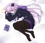  adult_neptune black_legwear blush book breasts hair_ornament hood hoodie legs long_hair looking_at_viewer lying medium_breasts minagi neptune_(series) on_side pantyhose purple_eyes purple_hair shin_jigen_game_neptune_vii solo thighband_pantyhose thighs 