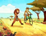  balls barefoot bike biking blue_eyes body_hair cloud dirt feline flaccid grass happy_trail leaf lion loincloth male mammal negger path penis rock running savanna savannah shadow sky tree yellow_eyes 