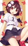  bird_wings black_hair brown_hair hat hat_ribbon looking_at_viewer mikan_(bananoha) open_mouth panties pantyshot pointy_ears puffy_sleeves red_eyes ribbon shameimaru_aya shirt short_sleeves skirt smile solo tokin_hat touhou underwear upskirt white_panties wings 