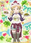  alternate_costume black_legwear blonde_hair card_(medium) casual clothes_around_waist drill_hair hair_ornament hairpin mahou_shoujo_madoka_magica official_art raglan_sleeves shorts solo thighhighs tomoe_mami trading_card twin_drills twintails yellow_eyes 