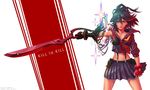  2014 artist_name black_hair copyright_name dated english highres kill_la_kill matoi_ryuuko midriff navel pleated_skirt school_uniform scissor_blade senketsu serafuku short_hair signature skirt solo suspenders tdsuke transformation weapon 