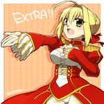  ahoge blonde_hair breasts cleavage dress fate/extra fate_(series) green_eyes large_breasts nero_claudius_(fate) nero_claudius_(fate)_(all) outstretched_hand ruchi solo 