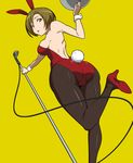  animal_ears ass brown_eyes brown_hair bunny_ears bunny_tail bunnysuit from_below legs meiko microphone pantyhose puge short_hair tail tray vocaloid wrist_cuffs 