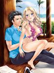  1boy 1girl ansatsu_kyoushitsu bare_shoulders barefoot beach black_hair blonde_hair blue_eyes blush breasts choker cleavage feet grey_eyes irina_jelavic karasuma_tadaomi long_hair meguro_(c_complex) nail_polish ocean open_mouth pants sand sea shoes shoes_removed short_hair swimsuit water 