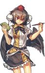  belt black_wings blouse brown_hair hat leaf-pattern_stripe leaf_print looking_away melon22 miniskirt notebook pen pom_pom_(clothes) puffy_short_sleeves puffy_sleeves red_eyes ribbon shameimaru_aya short_hair short_sleeves skirt smile solo standing tokin_hat touhou wings 