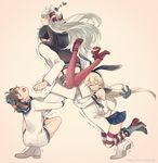  3girls admiral_(kantai_collection) amatsukaze_(kantai_collection) black_hair blonde_hair brown_hair deco_(geigeki_honey) dress elbow_gloves garter_straps gloves hairband heart highres hug hug_from_behind kantai_collection long_hair multiple_girls open_mouth sailor_dress school_uniform serafuku shimakaze_(kantai_collection) short_dress short_hair silver_hair striped striped_legwear thighhighs two_side_up uniform yamamoto_keigo yukikaze_(kantai_collection) zettai_ryouiki 