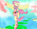  arthropod blue_eyes breasts butterfly equine female flower fluttershy_(mlp) friendship_is_magic fur hair horse insect lilypads lingerie long_hair mammal minthentai my_little_pony navel pegasus pink_hair pony shoes smile solo standing translucent water wings yellow_fur 