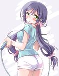  ass blush breasts casual from_behind green_eyes jump_rope long_hair looking_at_viewer love_live! love_live!_school_idol_project medium_breasts purple_hair seidou_(tukinomiyako) shirt shorts sketch solo sweat t-shirt toujou_nozomi twintails 