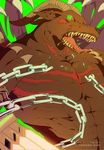 chain claws dated digimon glowing glowing_eyes green_background horns lee1210 monster no_humans open_mouth red_eyes saliva scar sharp_teeth simple_background solo teeth tongue twitter_username veins wings 