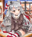  amatsukaze_(kantai_collection) blush brown_eyes choker dress garter_straps gloves kantai_collection long_hair looking_at_viewer open_mouth rensouhou-kun sailor_dress shikishi short_dress silver_hair single_glove sitting striped striped_legwear thighhighs traditional_media white_gloves yukitsuki_kokoro zettai_ryouiki 