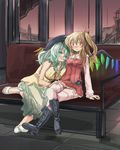  adapted_costume belt bench blonde_hair blush boots breasts building choker cuddling dress flandre_scarlet green_eyes green_hair hand_on_thigh hat head_on_shoulder komeiji_koishi large_breasts long_hair multiple_girls open_toe_shoes ponytail red_eyes sandals shoes short_hair sitting sunset teenage touhou tower wavy_hair wings yohane yuri 