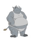  anthro barefoot belly belly_overhang big_belly brown_hair bulge canson clothed clothing hair hands_on_hips horn male mammal midriff moobs musclegut muscular muscular_male navel obese obese_male overweight overweight_male rhinoceros simple_background solo standing tail_tuft tuft white_background 
