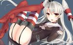  amatsukaze_(kantai_collection) ass brown_eyes dress garter_straps kantai_collection long_hair looking_at_viewer lying on_back open_mouth reflection sailor_dress short_dress silver_hair solo striped striped_background striped_legwear thighhighs two_side_up umeko_(koori_ume) 