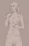  breasts breasts_outside choker cleavage cleavage_reach large_breasts long_hair monochrome nesoun nina_williams nipples no_bra open_clothes pencil_skirt ponytail sketch skirt solo tekken 