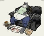  anthro aokmaidu barefoot belly belly_overhang big_belly big_butt butt canine chubby_cheeks claws clothed clothing double_chin eyes_closed fur grey_fur hand_on_stomach jacket male mammal midriff moobs obese obese_male overweight overweight_male simple_background sitting smile sofa solo toe_claws tongue tongue_out white_background white_fur wide_hips wolf 