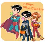  3boys bart_allen bat_(symbol) batman_(series) black_hair bodysuit boots brown_hair candy cape cosplay dc_comics earring earrings flash_(series) gloves halloween imo_(ume_syrop) impulse jewelry kon_el mask multiple_boys robin_(dc) s_shield superboy superman_(series) tim_drake trio young_justice 