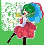  :d ascot black_legwear blush collarbone floral_background green_hair highres holding holding_umbrella kazami_yuuka long_sleeves looking_at_viewer nabesin1 open_mouth outstretched_arm pantyhose parasol red_eyes red_skirt shirt short_hair simple_background skirt skirt_set smile solo touhou umbrella vest white_shirt 