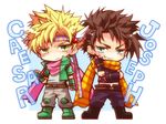  bad_id bad_pixiv_id blonde_hair blue_eyes brown_hair caesar_anthonio_zeppeli chibi feathers green_eyes hair_feathers headband jojo_no_kimyou_na_bouken joseph_joestar_(young) multiple_boys scarf suna_ko1 