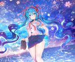  aqua_eyes aqua_hair flower hairband hatsune_miku long_hair mary_janes repi shoes shoes_removed sky smile solo twintails vocaloid 