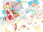  6u_(eternal_land) ascot bad_id bad_pixiv_id bare_legs bird blonde_hair blue_sky blush bobby_socks candy cup feathers flandre_scarlet flower food hat looking_at_viewer macaron mary_janes open_mouth parasol petals red_eyes ribbon saucer shoes short_hair side_ponytail skirt skirt_set sky smile socks solo stuffed_animal stuffed_toy sugar_cube sweets tea teacup teapot teddy_bear touhou umbrella wings wrist_cuffs 