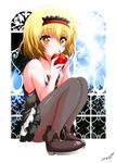  alice_margatroid alternate_costume apple bad_id bad_nicoseiga_id bare_shoulders blonde_hair brown_eyes fetal_position food fruit full_body hairband looking_at_viewer pantyhose short_hair smile solo touhou yua_(checkmate) 