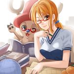  ;d animal brown_eyes glasses hair_bobbles hair_ornament hat lady_greantep nami_(one_piece) one_eye_closed one_piece open_mouth orange_hair pencil pink_hat reindeer shirt smile t-shirt tony_tony_chopper twintails 