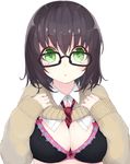 between_breasts black_bra black_hair blush bra breasts cardigan character_request cleavage glasses green_eyes highres kou_mashiro large_breasts mole mole_on_breast necktie necktie_between_breasts open_mouth original plaid plaid_neckwear shirt_lift short_hair simple_background solo underwear white_background 